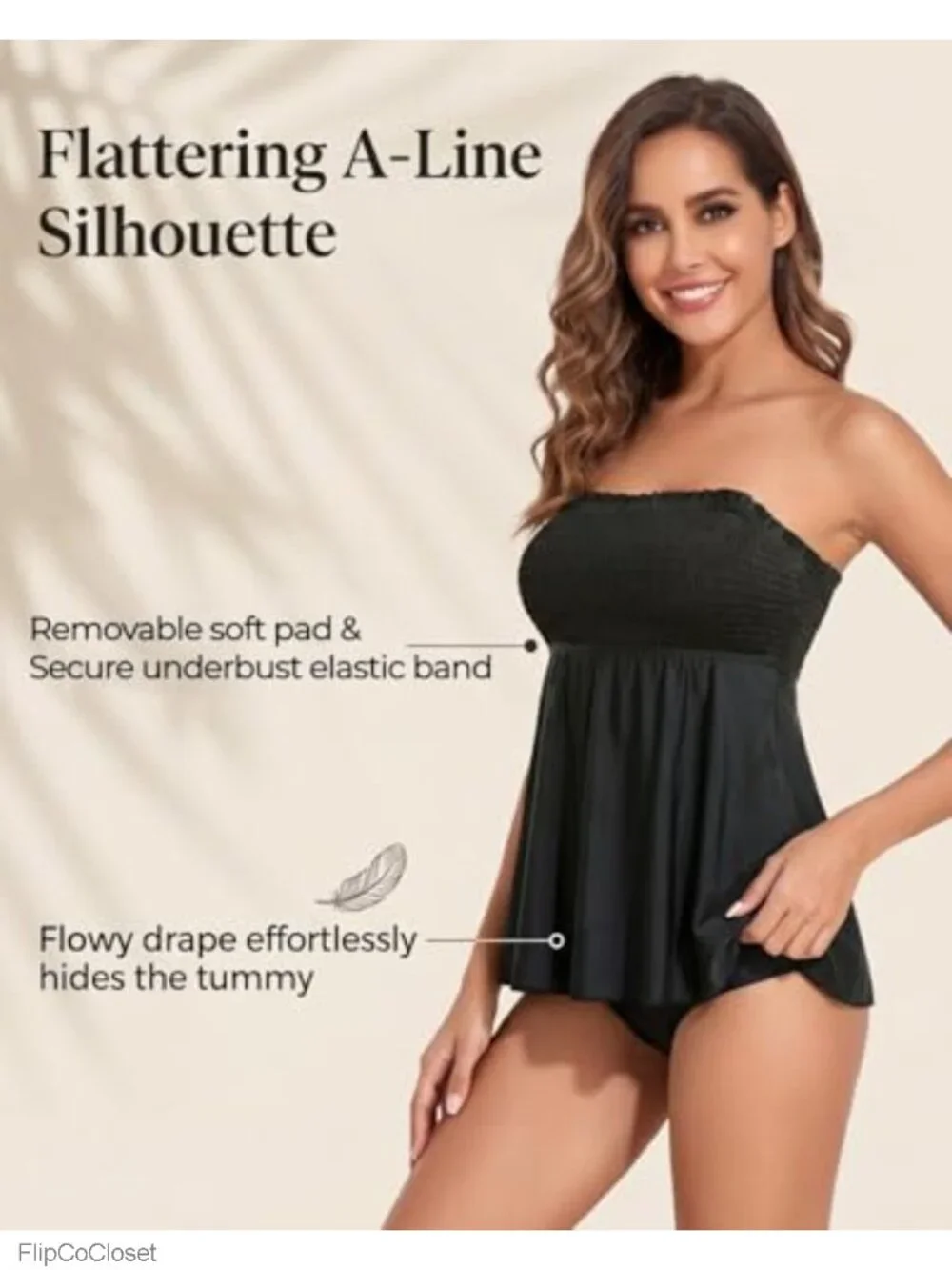 Bandeau Tankini Top with Removable Straps and Pads, Tummy Control